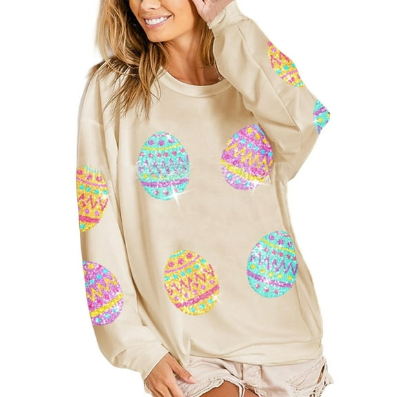 Yajing Oversized Sweatshirt for Women L Beige Women'S Solid Color Easter Egg Sequin Knit Long Sleeve Top