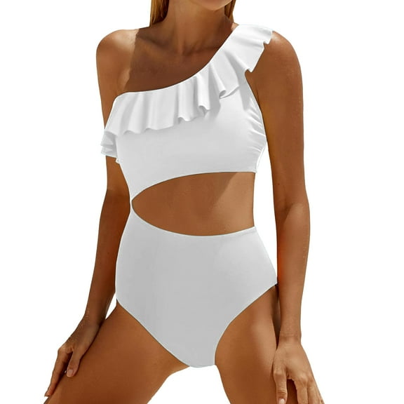 Yajing One Piece Swimsuit Women Women Cutout Swimsuits One Shoulder Ruffle Cut Out Bathing Suit Swimwear Monokini 2025 White S