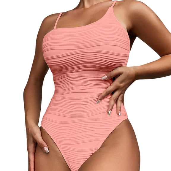 Yajing Women's Strappy Ribbed Monokini 1 Piece Adjustable Spaghetti Straps Bottoms Swimwear Bikini Suits Pink Xl Tummy Control Swimsuits for Women