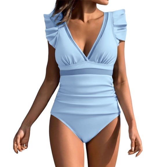 Yajing Women's Swimsuit with Pad Without Patchwork Solid Color Patchwork Ruffled Edge Blue Xl Tummy Control Swimsuits for Women