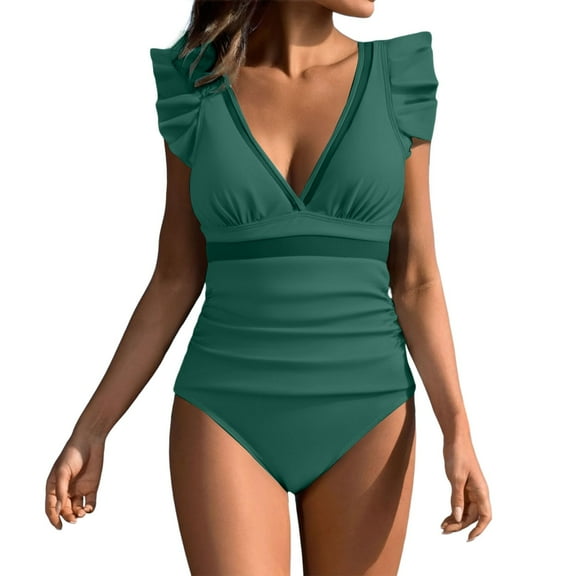 Yajing Women's Swimsuit with Pad Without Patchwork Solid Color Patchwork Ruffled Edge Green Xxl Tummy Control Swimsuits for Women