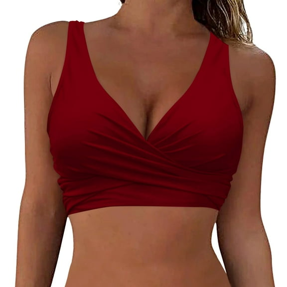Yajing Womens Plus Size Swimwear Women's Bikini Top V Neck Wrap Look Bralette Swimwear Sports Bikini Halterneck Bikini Swimwear Vacation Swimsuits Summer Beach Bikini Top Red L