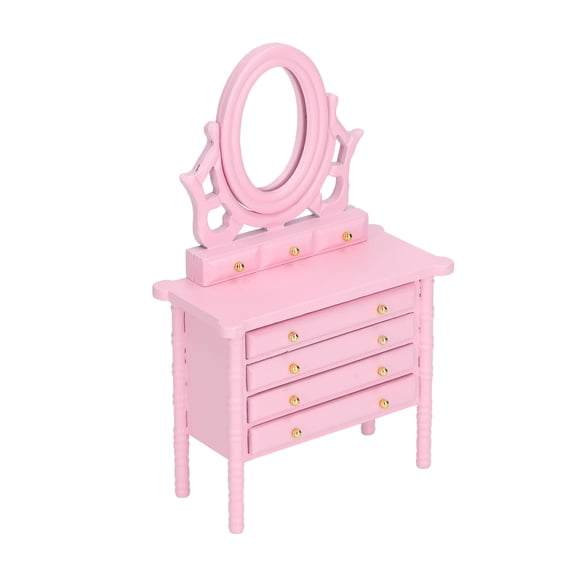 Yajisi 1:12 Scale Dollhouse Dressing Table High Simulation Wooden Miniature Toilet Table with Mirror, Pink (3.6 inches / 9.2 cm)
