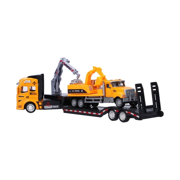 Yajisi 1:50 Engineering Trailer Model Movable Arm Vehicle Set Educational Car Toy for Kids Construction Trailer with Excavator, Approx 13 inches / 33 cm