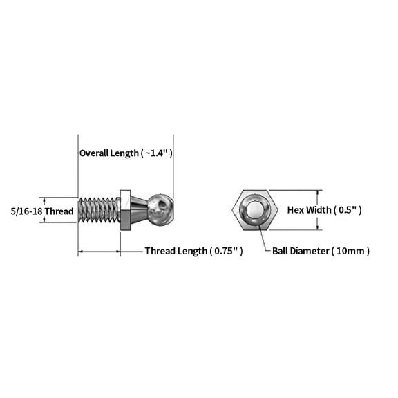 Yajisi 10mm Ball Studs with Hardware - 5/16-18 Thread x 3/4 inch / 1.9 cm Long Shank Gas Lift Support Strut Fitting, Complete Replacement Kit, 4 Pack