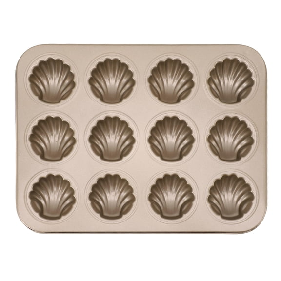 Yajisi 12 Cavity Carbon Steel Non-Stick Shell Shaped Baking Mold for Cookies Cake Chocolate Pan, Gold (13.78 in / 35 cm)