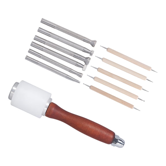 Yajisi 12 Pcs Leather Stamping Tools Set, Hand Made DIY Leather Craft Working Tool Kit with Wooden Hammer, Zinc Alloy Printing Tools for Saddle Making (10.63 inches / 27.00 cm)