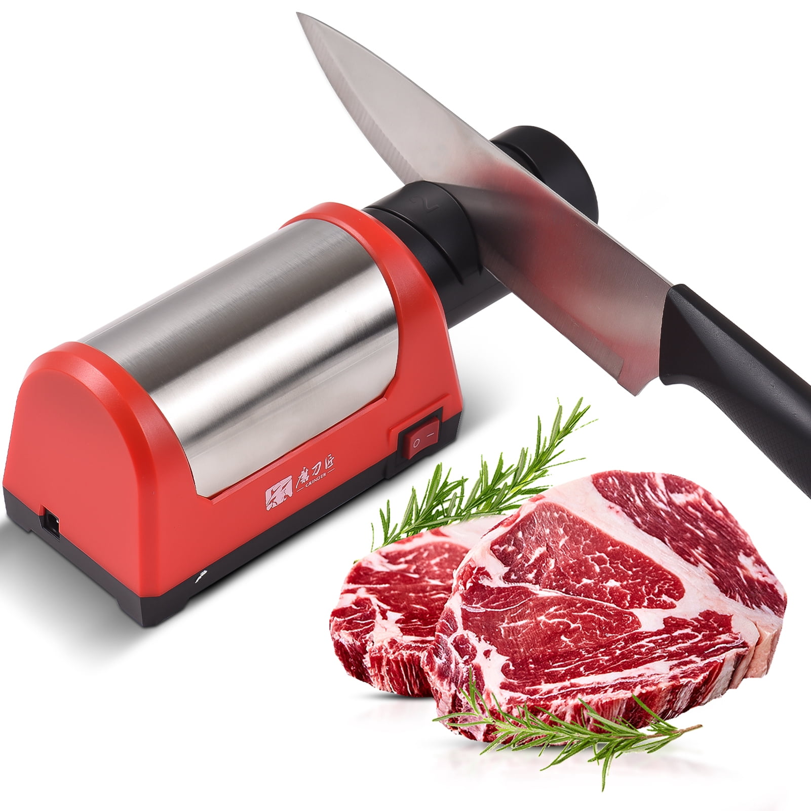 Yajisi 2 Stage Electric Knife Sharpener for Kitchen Knives and Ceramic Knives, Portable Auto Sharpening Tool with 600 & 1000 Grit Diamond Stone, Replaceable Head, Red/Black, 9.84 inches / 25 cm