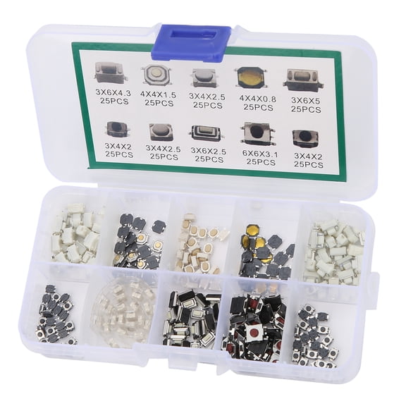 Yajisi 250Pcs Tactile Push Button Switch 10 Types Micro Switch Kit Brass for DIY Electronic Products, Appliances, Auto Remote Car Buttons Assortment (14 cm / 5.51 in)