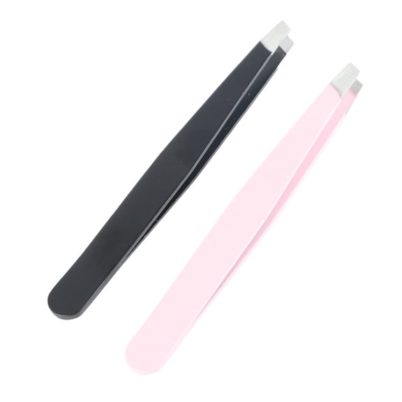 Yajisi 2Pcs/Set Stainless Steel Slanted Tip Eyebrow Tweezers Facial Hair Removal Clips Makeup Beauty Tool, Black and Pink (11 cm / 4.33 inches)