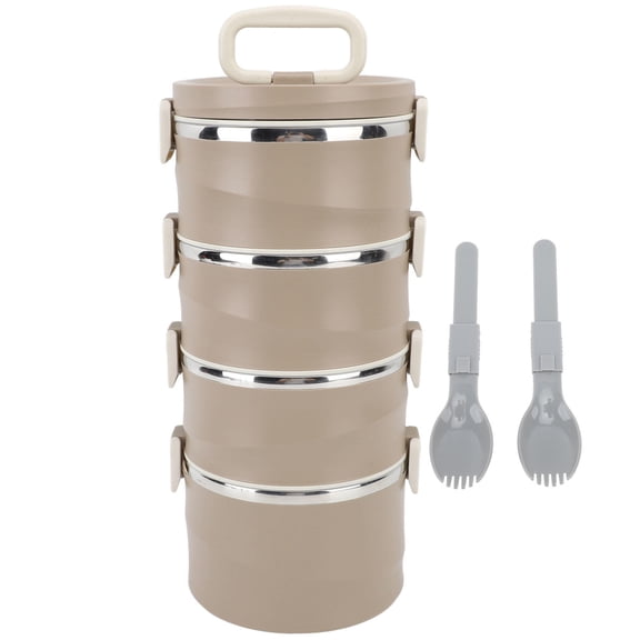 Yajisi 3.3L 4‑Tier Stainless Steel Insulated Bento Box with 2 Fold‑Away Forks – Round, Stackable, Brown
