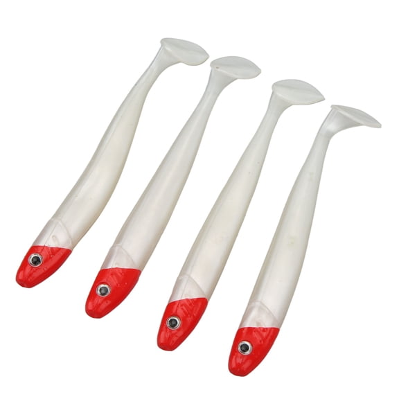 Yajisi 4 PCS Fishing Soft Lures T Tail Fish Curled Tail Maggot Soft Baits Sea Fishing Lures Red Head White Body, 5.51 inches / 14 cm