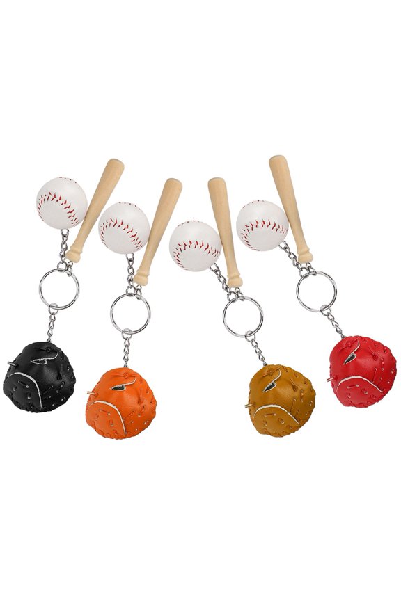 4 Pieces Mini Baseball Bat and Ball Kit Keychain Keyring Pendant Decoration for Bags Keys, Crafted with Wood and Faux Leather Materials, Four Distinct Colors, 3 inches / 7.6 cm[cite: 1]