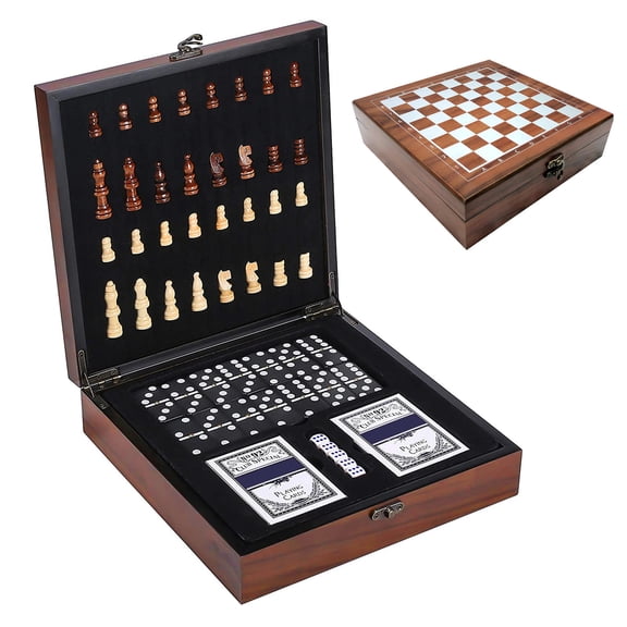 Yajisi 4-in-1 Wooden Chess Board Game Set, Portable Chess Cards Dice Dotted Tiles Set with Storage Case, 11.81" x 9.45" x 6.69"