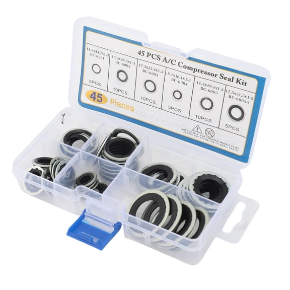 Yajisi 45pcs Air Conditioning Compressor Gasket Kit, 6 Sizes Universal Automotive AC Port Seal Washers for Bumper Door Panel Replacement Parts (1.3mm / 0.05in Thickness)