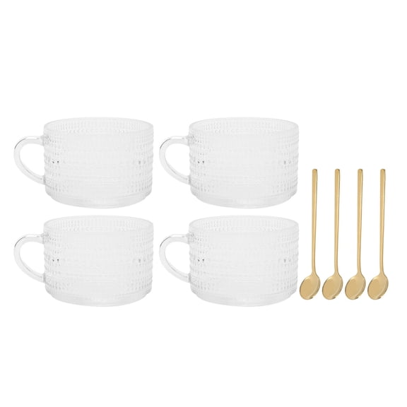 Yajisi 450ML Relief Glass Coffee Mug Set (4 Cups + 4 Spoons), Retro Handle Transparent Breakfast Cup for Latte Tea, 10.2 x 7.5 x 3.9 Inches
