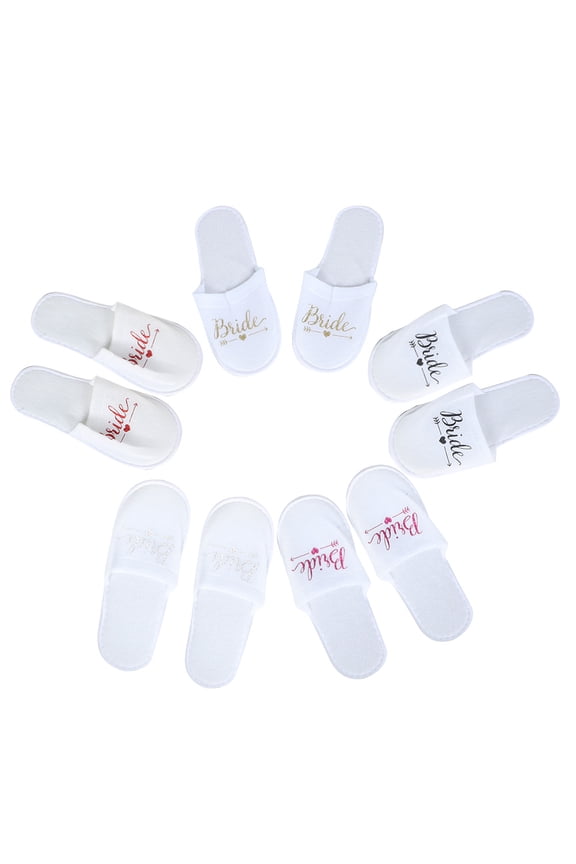 5 Pairs Bride Letters Pattern Disposable Wedding Party Slippers Photography Props for Bridesmaids and Guests, Comfortable Cotton Spa Footwear, Multicolor Lettering (10.6 inches / 27 cm)
