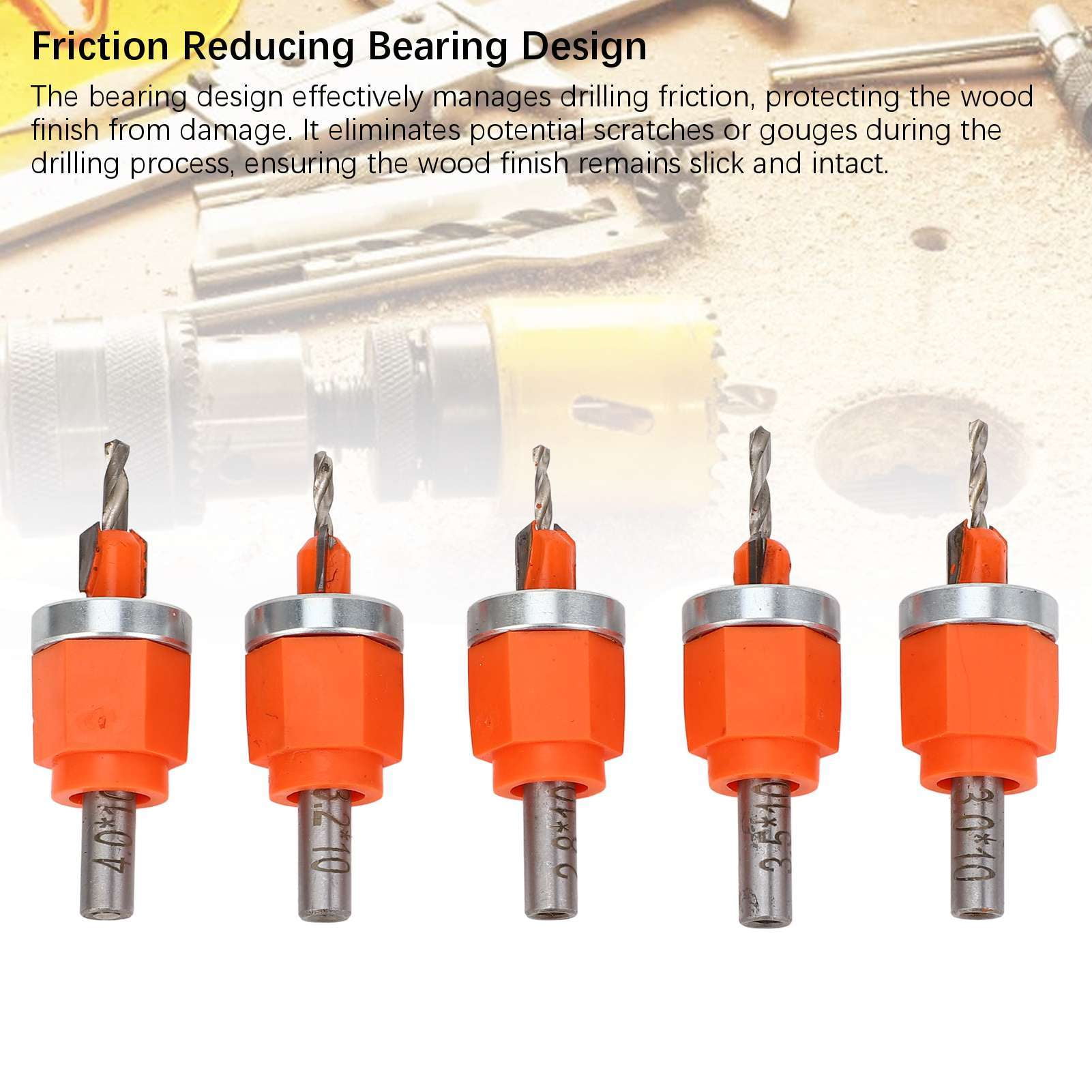Yajisi 5‑Piece Limit Countersink Drill Bit Set – Cemented Carbide, Built‑In Depth Adjustment, Friction‑Reducing Bearing, Versatile Woodworking Tool