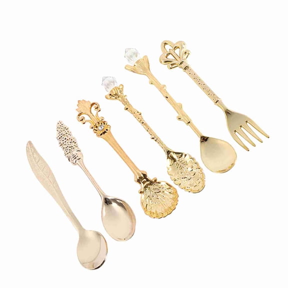 Yajisi 6Pcs/Set Retro Royal Style Metal Mini Coffee Spoons and Fork Kitchen Fruit Accessories Golden (4.5 inches / 11.4 cm)