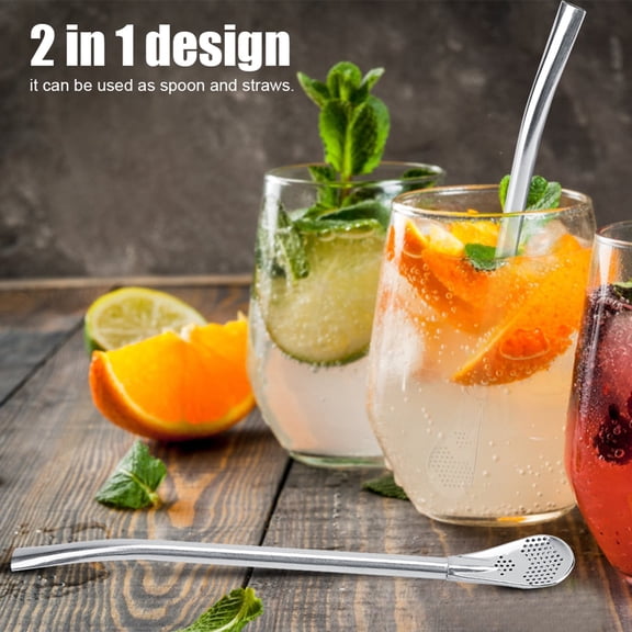 Yajisi 7.0 Inches Stainless Steel Metal Drinking Straw Spoon Reusable Washable Cocktail Beverage Stirring Spoons, Silver, Large Size (18 cm) Perfect for Smoothies and Frozen Coffee Drinks