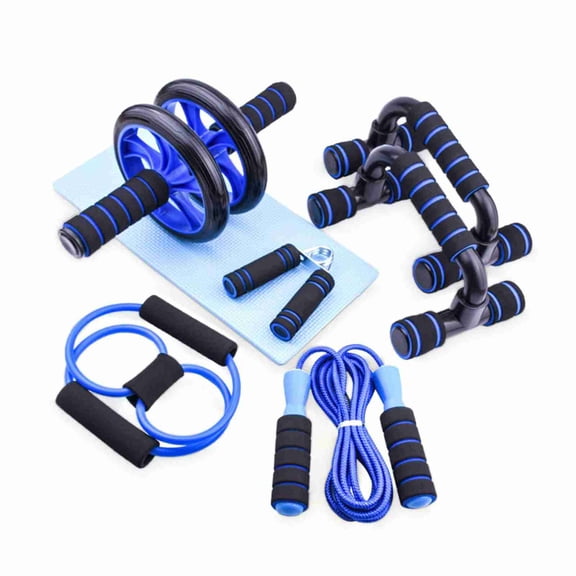 Yajisi 7-Piece Power Ab Roller Wheel Set for Abs Workout Home Gym Fitness Equipment with Knee Pad, Jump Rope, Push-Up Stands, Hand Grip Strengthener for Men and Women, Core Strength Training, Blue