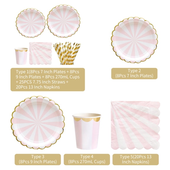 Yajisi 8PCS Disposable 7 Inch Plates Pink Stripes Compostable Paper Tableware Set Ecological Degradable Dinnerware for Birthday Barbecues