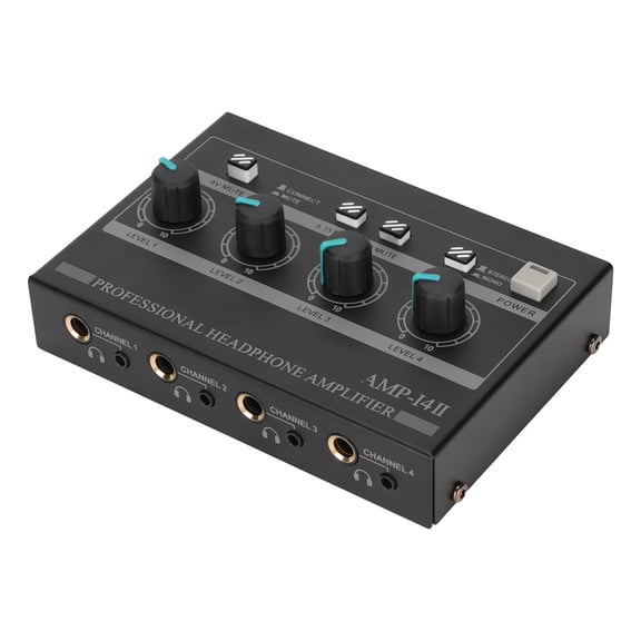 Yajisi AMP-14II 4 Channel Headphone Amplifier Compact Stereo Audio Amp with 12V 2A Power Adapter EU Plug 100-240V for Studio Stage Music Recording Equipment Black Color Metal Material