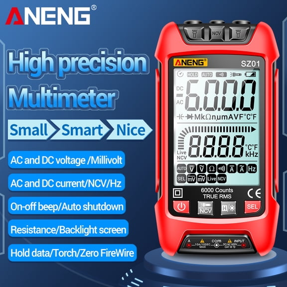 Yajisi ANENG SZ01 Smart Digital Multimeter 6000 Counts Auto Range True RMS NCV Universal Meter Handheld Tester Voltmeter Ammeter with Backlight Flashlight AC/DC Voltage Current Resistance Red