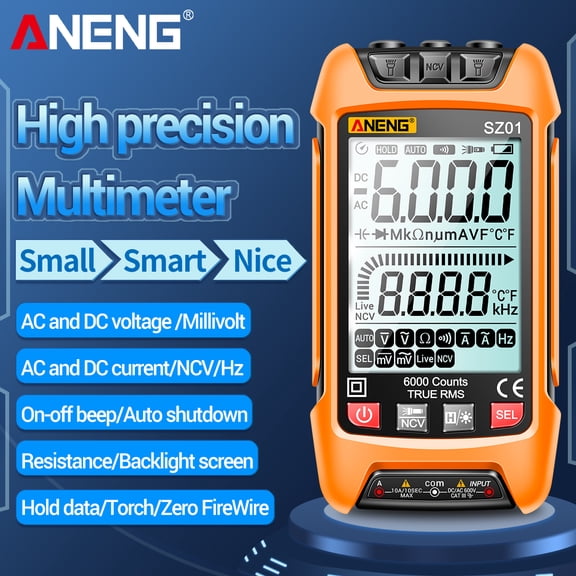 Yajisi ANENG SZ01 Smart Digital Multimeter 6000 Counts Auto Range True RMS NCV Universal Meter Handheld Tester Voltmeter Ammeter with Backlight Flashlight AC/DC Voltage Current Resistance Yellow