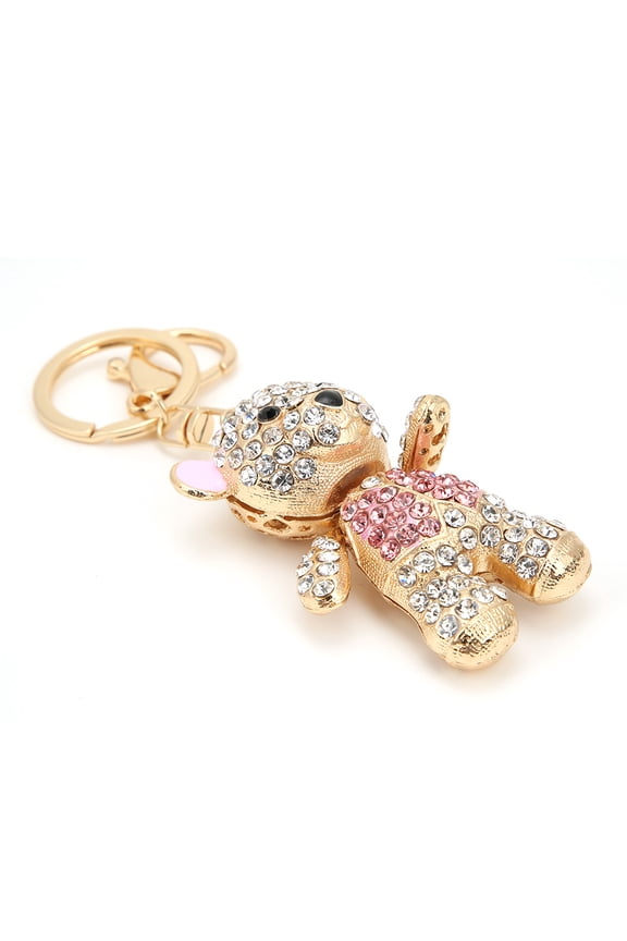 Adorable Pink Bear Key Chain with Dazzling Rhinestones, Electroplated Decorative Key Ring Accessory for Backpacks and Purses, Lightweight Charm 5.9 inches / 15 cm for Women Girls