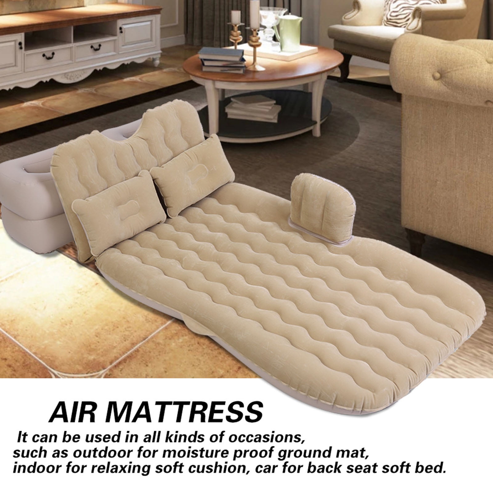 Yajisi Beige Inflatable Car Air Bed Travel Mattress for SUV Rear Seat, Heavy Duty Portable Camping Sleep Pad with 2 Pillows 2 Stools and Air Pump (Beige, 10 inches / 25.4 cm)