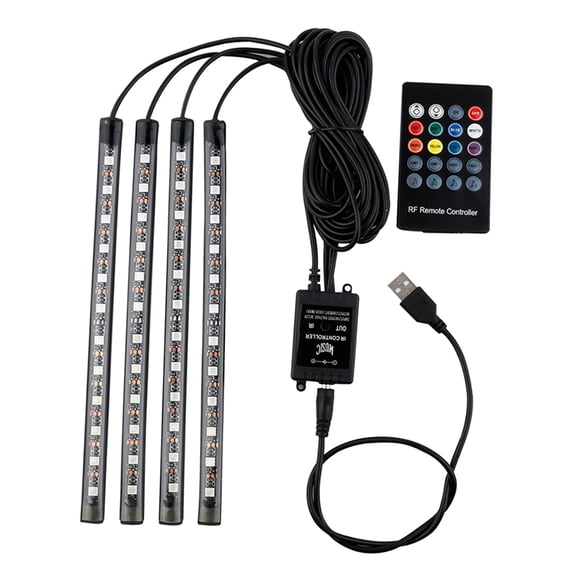 Yajisi Car LED Strip Light, 48 LEDs DC 5V USB Multicolor Music Car Interior Light Under Dash Kit with Sound Active Function & Wireless Remote, 9.45 inches / 24 cm