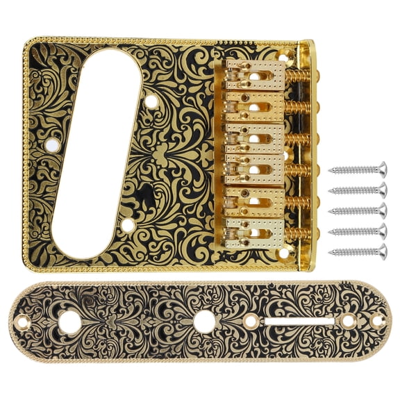 Yajisi Carved Pattern Metal Electric Guitar Bridge 6 Saddles Tailpiece Replacement Accessories with Volume Control Board and 5 Screws for Telecaster, Gold