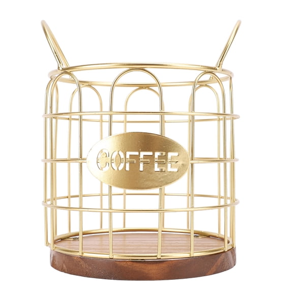 Yajisi Coffee Pod Holder, Iron Wire Coffee Capsule Storage Basket with Wooden Base for Kitchen, Gold, 7.09 x 6.30 x 5.51 Inches