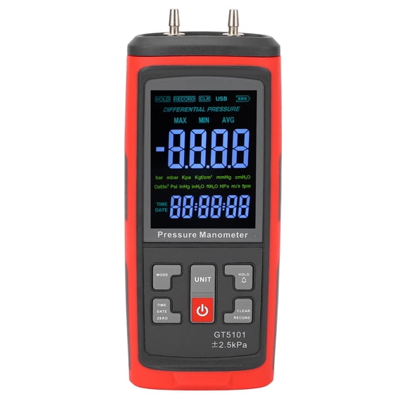 Yajisi Digital Manometer LCD Backlit Display High Precise Double Port Handheld Gas Pressure Tester for HVAC Laboratory Testing 2.5kPa Air Pressure Gauge Measurement Tool