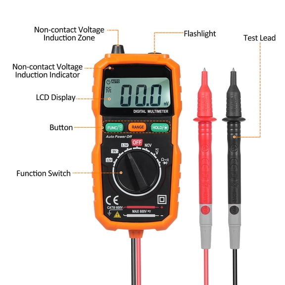 Yajisi Digital Multimeter Tester for AC/DC Voltage Measurement Battery Test Resistance Diode Continuity NCV Test Multi Tester with Backlight LCD Display Orange