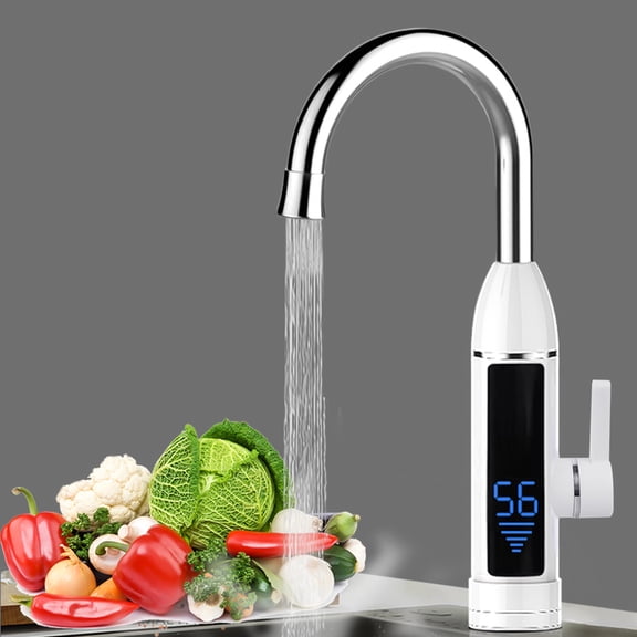 Yajisi Electric Water Heater Tap LCD Digital Temperature Display Faucet, 360 Degree Swivel, White