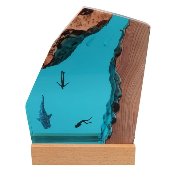 Yajisi Handmade Ocean Art Resin Night Light, Diver & Whale Shark Epoxy Resin Wood Lamp for Bedroom & Office (30x23x6cm)
