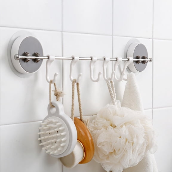 Yajisi Heavy Duty Vacuum Suction Cup Hooks Trowel Hook Rack Wall Mountable No Drilling Towel Bar Holder with 6 Removable Utility Hooks for Bathroom Kitchen, 16.34 inches / 41.5 cm