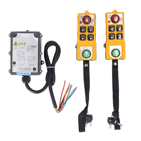 Yajisi Industrial Crane Remote Control DC24V with Lock Dual Handles Transmitter and Receiver for Electric Hoist, 11.4x7.1x5.5in