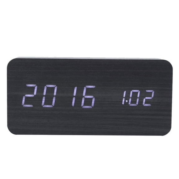 Yajisi LED Wooden Alarm Clock Electronic Voice Control Temperature Date Table Digital Clocks Rectangular Black Wood White Lamp (6.69 inches / 17 cm)