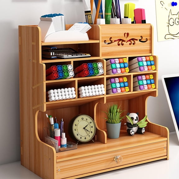 Yajisi Wooden Desktop Organizer with Drawer and Multiple Grids for Office Supplies 11.8x5.9x1.6in