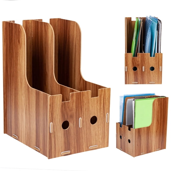 Yajisi Magazine Book File Stand Organizer Double Grid Slot File Sorter Office Home Desk Storage Box Cherry Wood 9.8x7.5x12.4in