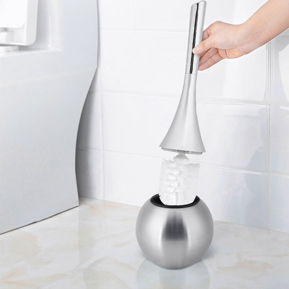 Yajisi Modern Bathroom Toilet Scrub Cleaning Brush and Holder Set with Rust-Resistant Stainless Steel Base and Long ABS Plastic Handle, 15.0 inches, Silver