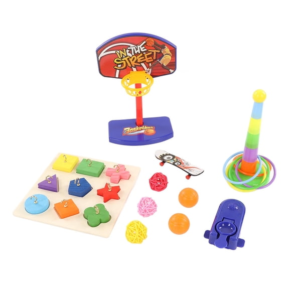 Yajisi Parrot Bird Toys Set with Mini Basketball Hoop Skateboard & Puzzles Educational Training Stacking Ring Toys for Cockatiels Parakeets