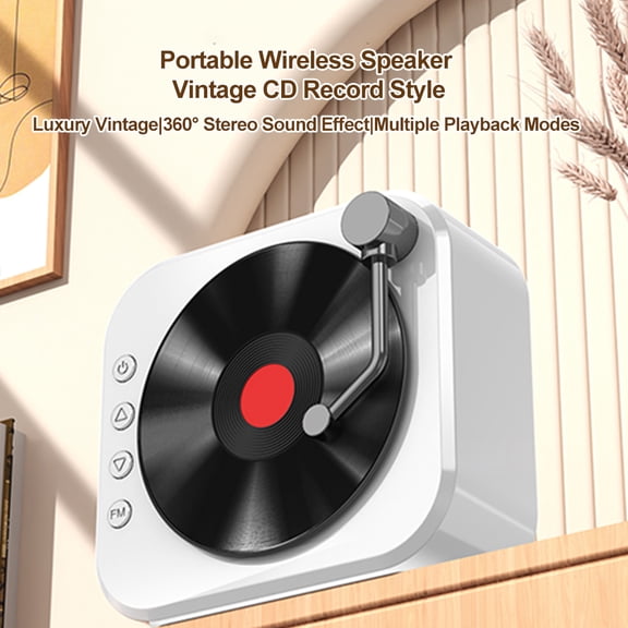 Yajisi Portable Wireless Speaker Vintage CD Record Style, 360 Degree Stereo Bass Bluetooth 5.3 Outdoor Travel Waterproof Subwoofer Loudspeaker, White
