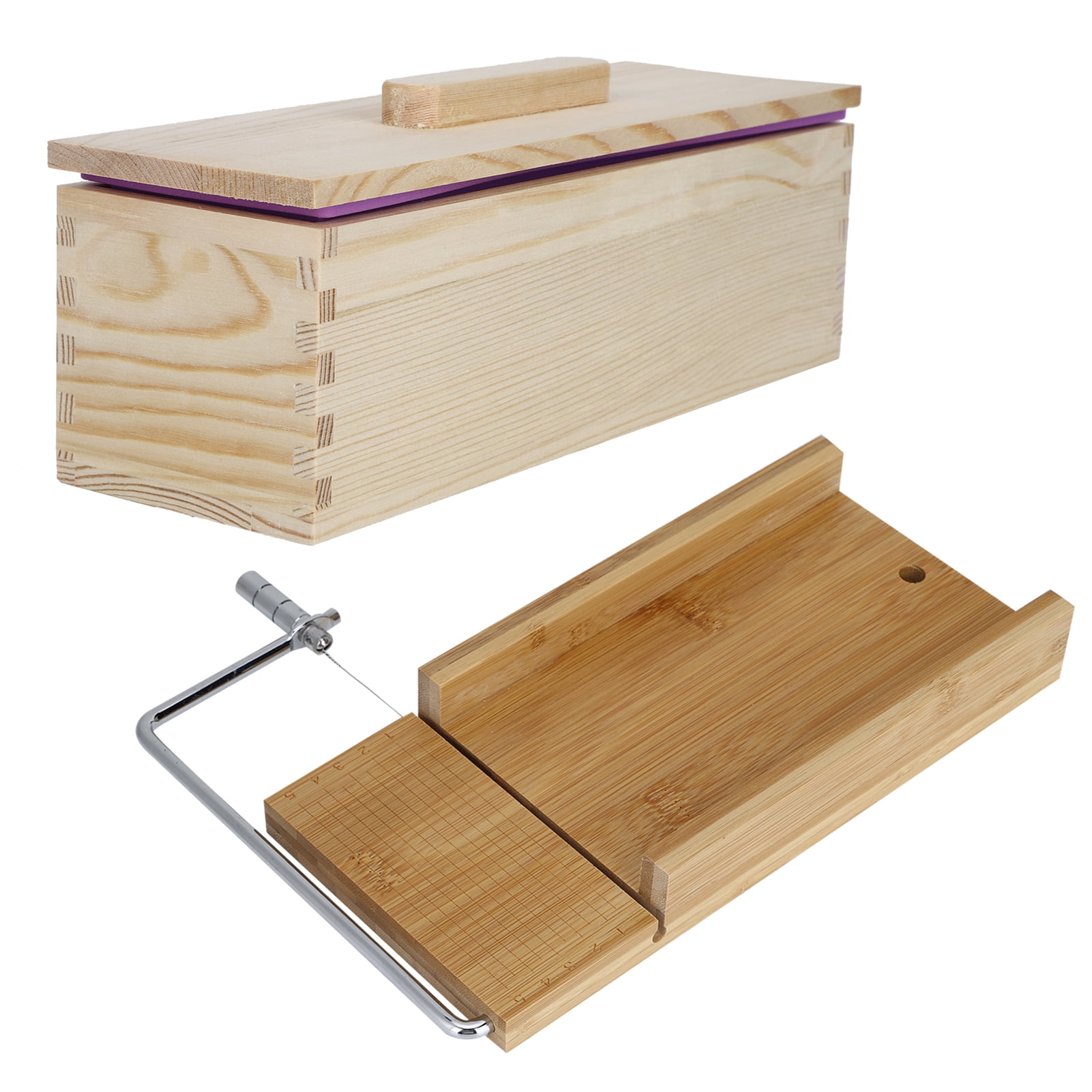 Yajisi Professional Adjustable Bamboo Wood Soap Cutter Mold Set with Purple Silicone Loaf Mold and Lid, Multi-Functional DIY Handmade Soap Making Tool Kit (11.1 x 3.1 x 3.5 inches / 28.2 x 8 x 9 cm)