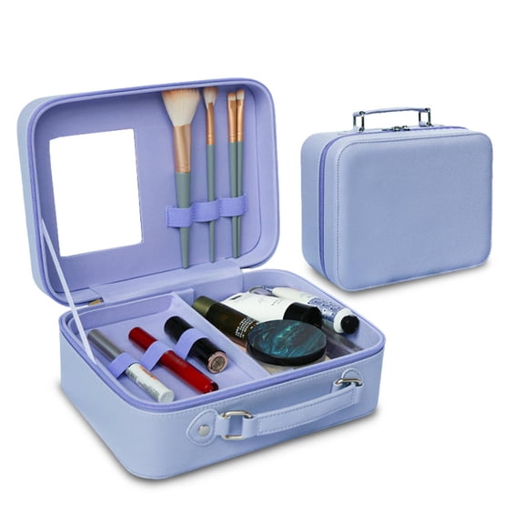 Yajisi Professional Makeup Train Case with Mirror, Travel Portable Cosmetic Organizer Box Waterproof PU Leather Storage Bag for Women Makeup Brushes, Purple (9.8in / 25cm)