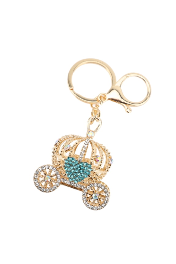 Pumpkin Carriage Keychain Heart Shaped Decor Sparkle Rhinestones Princess Keyring Blue