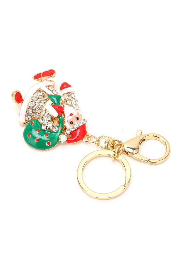 Santa Claus Key Ring Chain Alloy Rhinestone Christmas Car Pendant Gift, 2.2 inches / 5.5 cm